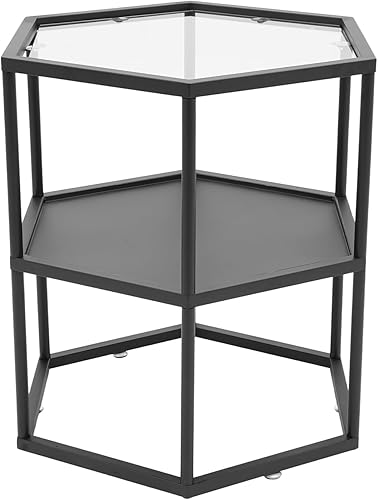 Miniatura 7 de Geometric Black End Table, 2 Tier Metal Side Table with Glass Panel Modern Simple End Table with Storage Shelf Minimalist Coffee Table for Living