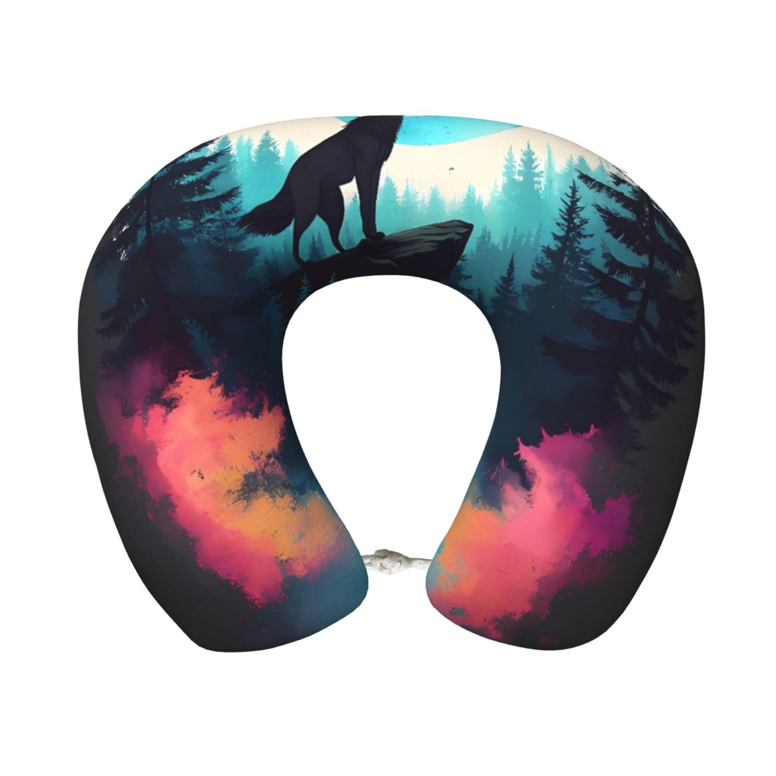 peiyeety Artistic Moon Valley Wolf Print Travel Pillow Memory Foam, Portable Neck Pillow for Airplane, Car and Office