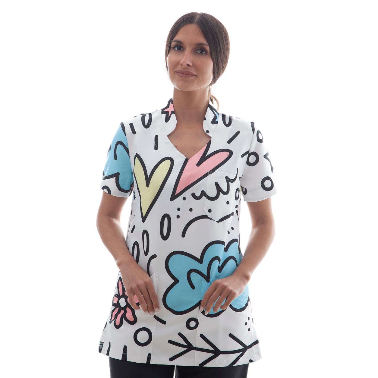 WEARK Uniforme Sanitario Mujer Ropa Trabajo Pijama Medico Casaca Enfermera Estetica Peluqueria Veterinaria Hospital Limpieza y Empleada Hogar Antilejía y No Destiñe - Casaca Nubes Mujer XL