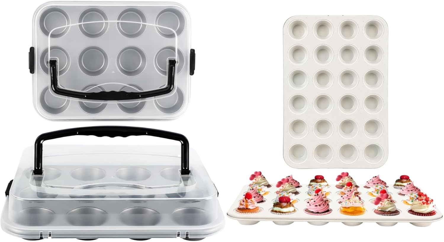 2-Pack 12-Cup Muffin Pan With Lid|2-Pack 24-cup Beige Miffin Pan