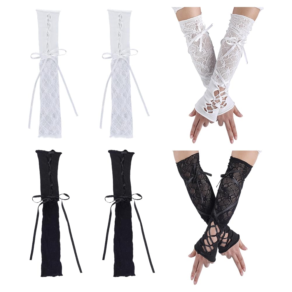 HOBBIESAY 2 Set 2 Color Fingerless Gloves Steam Punk Goth Witch Long Elbow Warmer Lace Sleeves Lolita Gothic Tulle Ballet Tie-Up Gloves for Dress up Cosplay Wedding 80s 90s Carnival