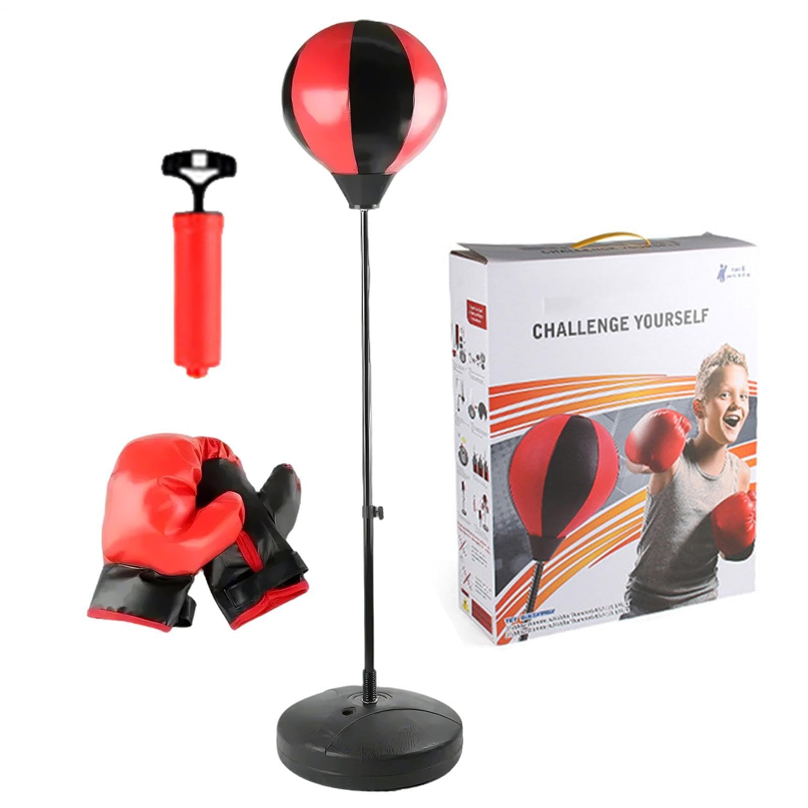 Stazione di boxe - Sacco da boxe regolabile in altezza per bambini, guanti imbottiti robusti, set di allenamento in pelle PU | Adolescenti allenamento di stress attrezzatura sportiva per esercizi