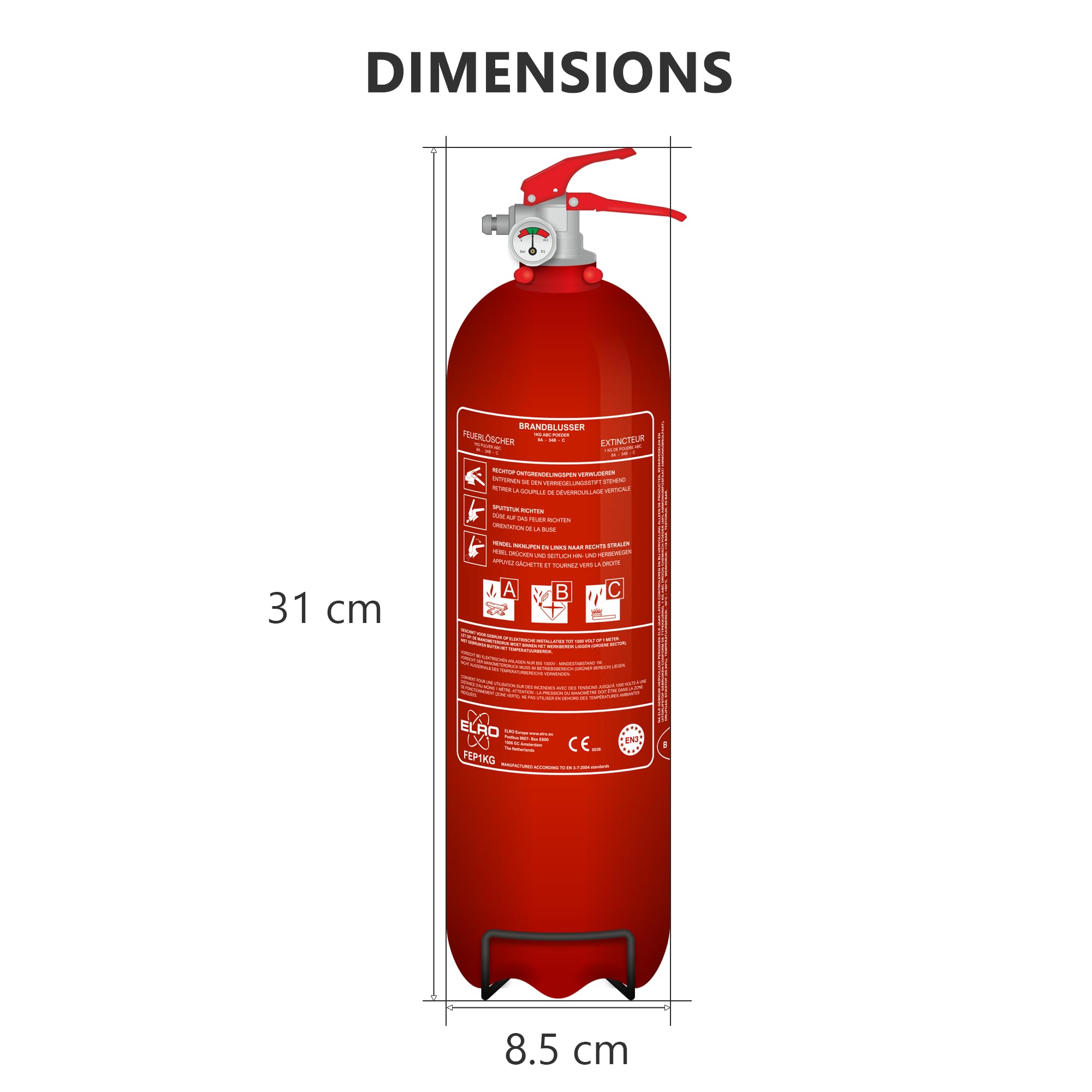 ELRO FEP1KG Extincteur à Poudre 1 kg – Classes ABC – pour Voiture, Maison, Caravane, Garage – Certifié en 3