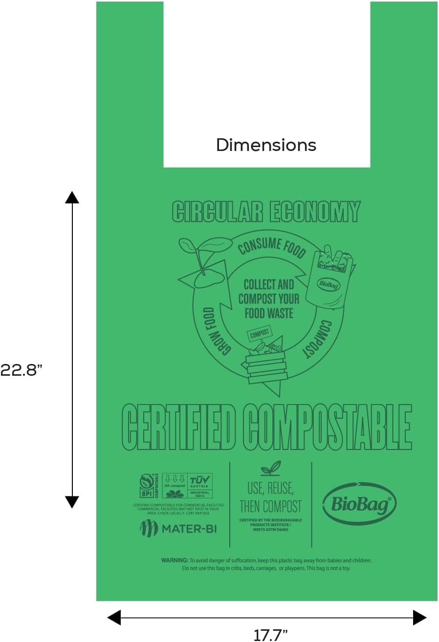 BioBag (USA) 100% Certified Compostable Shopping Bags, 20 lb Capacity, 10 Gallon 500 Count, Large Size Shopper, Great for On The Go, Farmers Markets, Grocery Stores, Restaurants