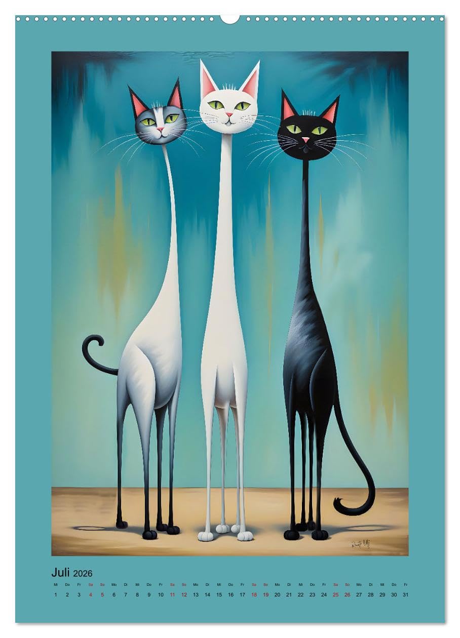 Buntes Katzenvolk (hochwertiger Premium Wandkalender 2026 DIN A2 hoch), Kunstdruck in Hochglanz: Humorvolle, skurrile Bilder von farbenfrohen Katzen ... kunstvoll in Szene gesetzt (CALVENDO Kunst)