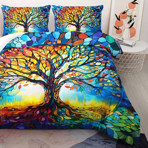 Image of AILONEN Colorful Tree of Life Comforter Set Queen Size,Oil Painting Tree Art Aesthetic Bedding Set,Soft Boho Comforter with 2 Pillowcases,3Pcs