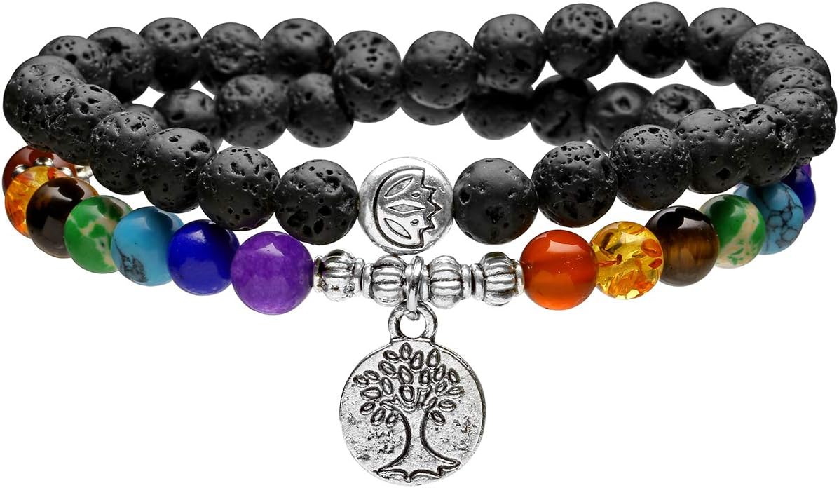 Top Plaza Mala Prayer Beads Natural Lava Rock Stone Essential Oil Diffuser Bracelet Necklace 7 Chakra Healing Crystals Yoga Meditation Stretch Bracelets