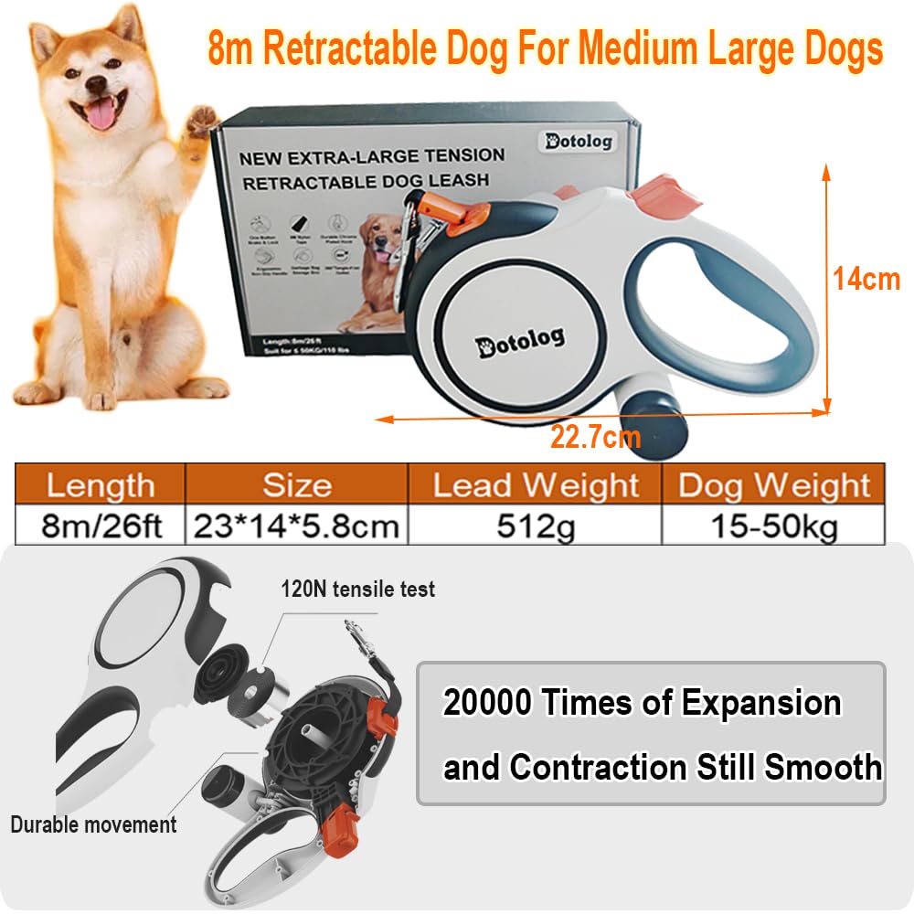 Laisse Chien Rétractable 8 m, Extensible Laisse pour Chiens de Taille Moyenne et Grande (Jusqu'à 50kg), Anti-nœuds, Bande en 26ft Nylon Solide (Blanc,8m)