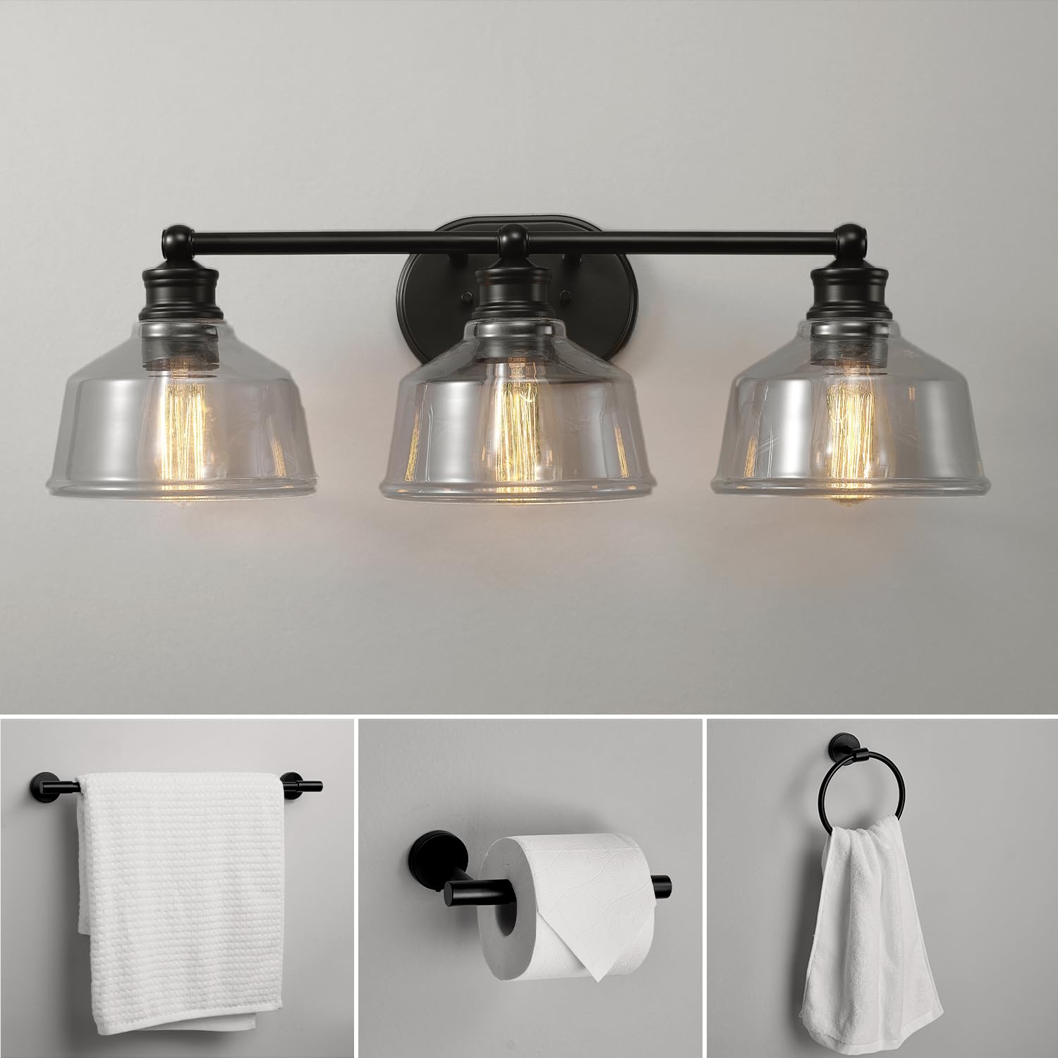 Globe Electric 4-Piece All-in-One Bathroom Set, Matte Black, 3-Light Vanity Light with Clear Glass Shades, Towel Bar, Toilet Paper Holder, Towel Ring