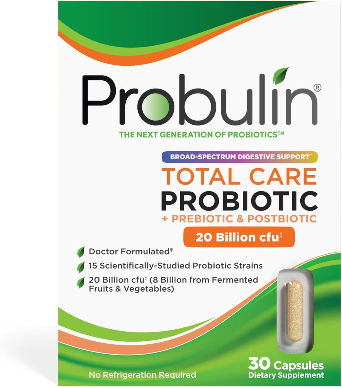 Probulin Total Care Probiotic Supplement, Daily Gut, Digestive, and Immune Health Probiotics Capsules for Men and Women, 20 Billion CFU, Vegan, 30 Count Box