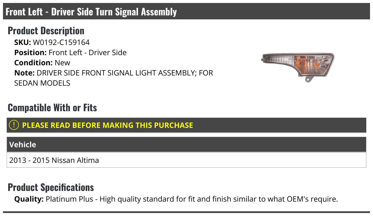 Marketplace Auto Parts Front Left Driver Side Turn Signal Assembly - Compatible with 2013-2015 Nissan Altima