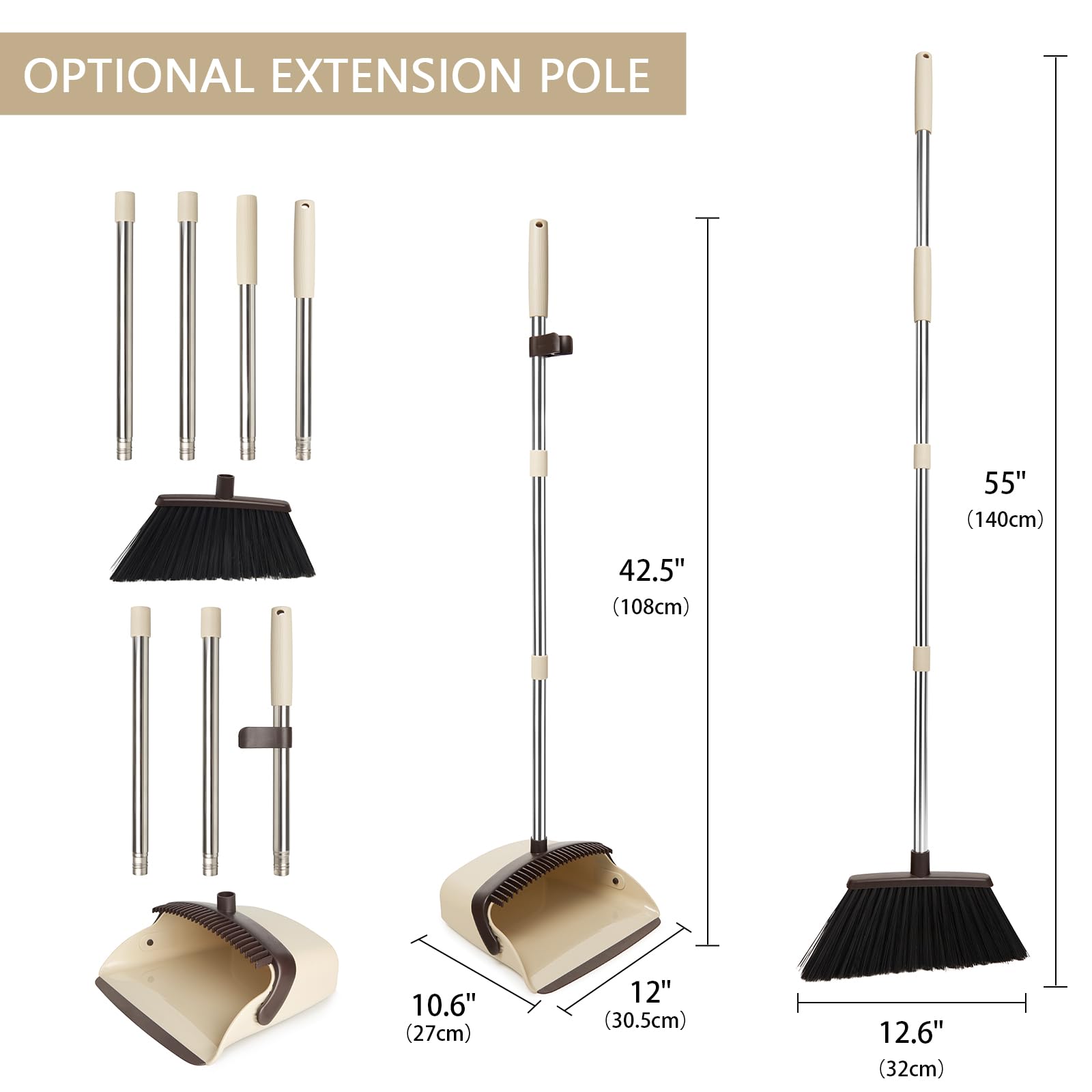 XXFLOWER Broom and Dustpan Combo Set,55" Long Handle,Beige 2