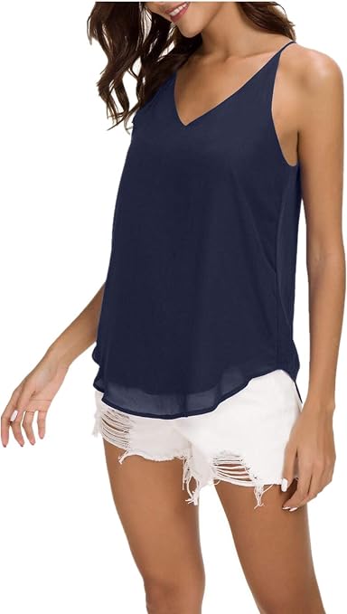 Evera B Women's V-Neck Spaghetti Strap Tank Top - Sleeveless Loose Camisole Blouse, Black, X-Small