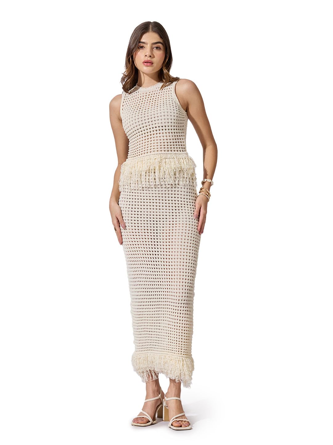 Edition Women's Crochet Cream Fringe Hem Top & Maxi Skirt Co-Ord Set-CHN-V-75_Cream_XS-image-35