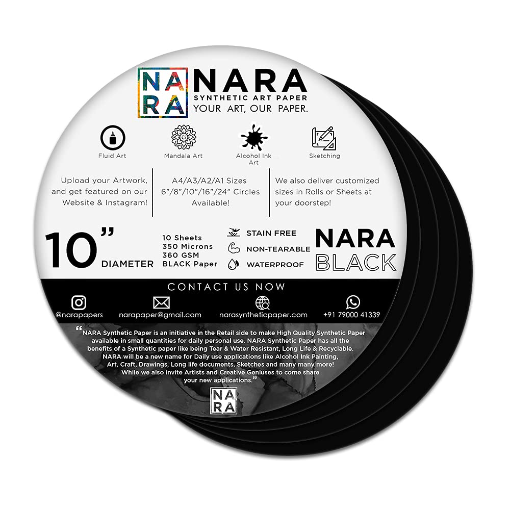 NARA®BLACK Paper for Alcohol Ink Painting | 10” Diameter Circle | 350 microns/360 GSM | Medium+ Paper | 10 sheets | 100% Stain-Free