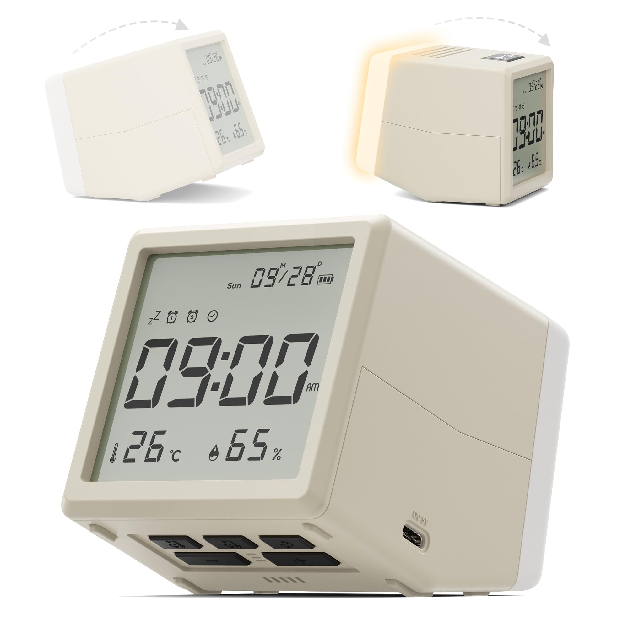 Aurolumiz Digitaler Wecker mit Licht, Nachtlicht Dimmbar, Batteriebetrieben, Thermometer, Hygrometer, Kompakter Tischwecker für Schlafzimmer, Kinder, Teens, Reisen