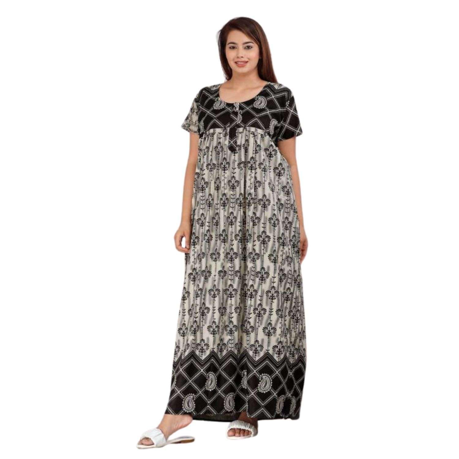 Women's Cotton Printed Stylish Maxi Dress | Pure Cotton Night Gown | Night Dress | Frock Nighty for Women | Gown for Women (Black_XXL)-image-27