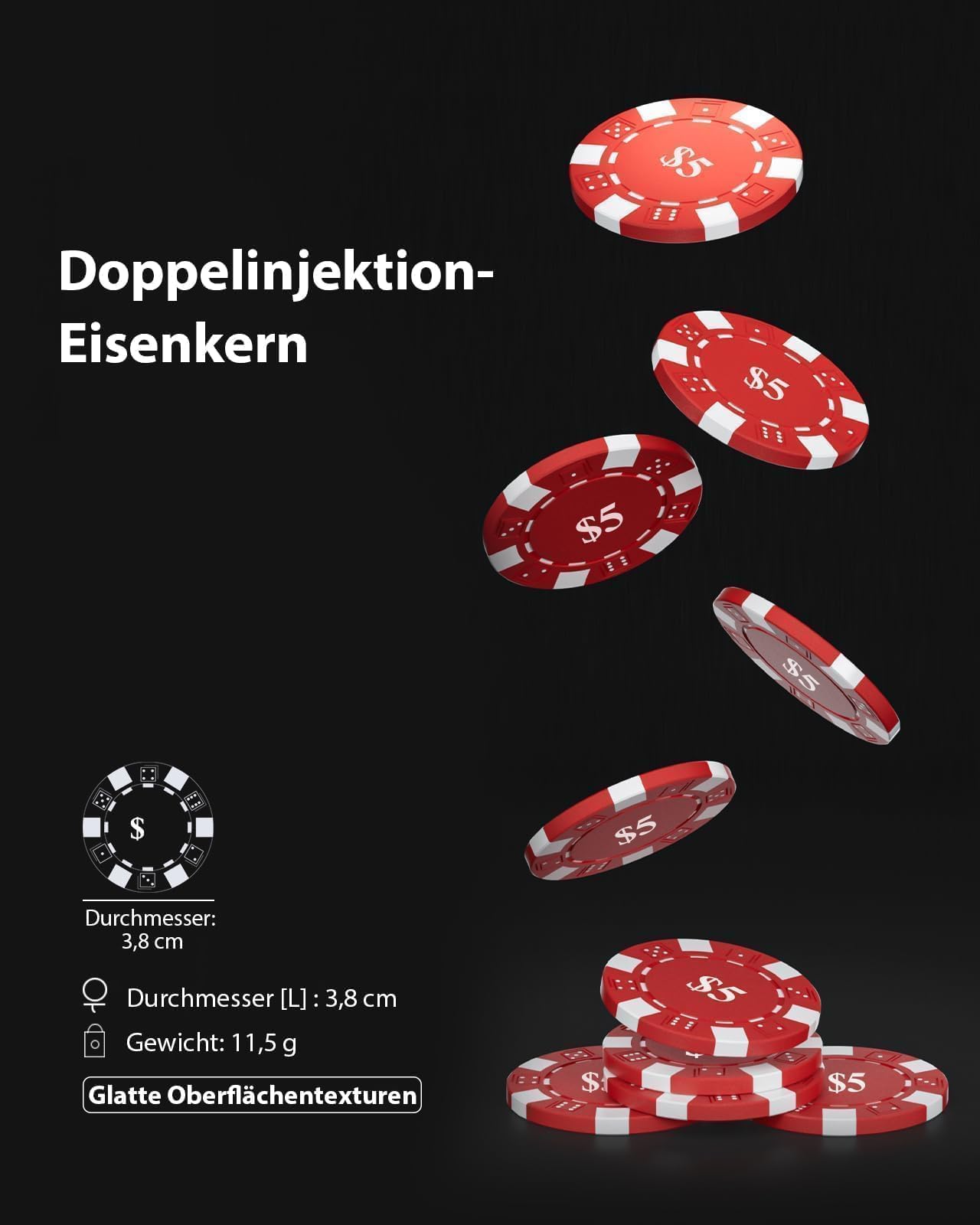 HEITOK Pokerset – 200 Casinochips Van 11,5 G – 5 Kleuren, 2 Decks Kaarten, Dealerchip, 5 Dobbelstenen – Aluminium Koffer – Voor Texas Hold'em En Blackjack – 2-6 Spelers