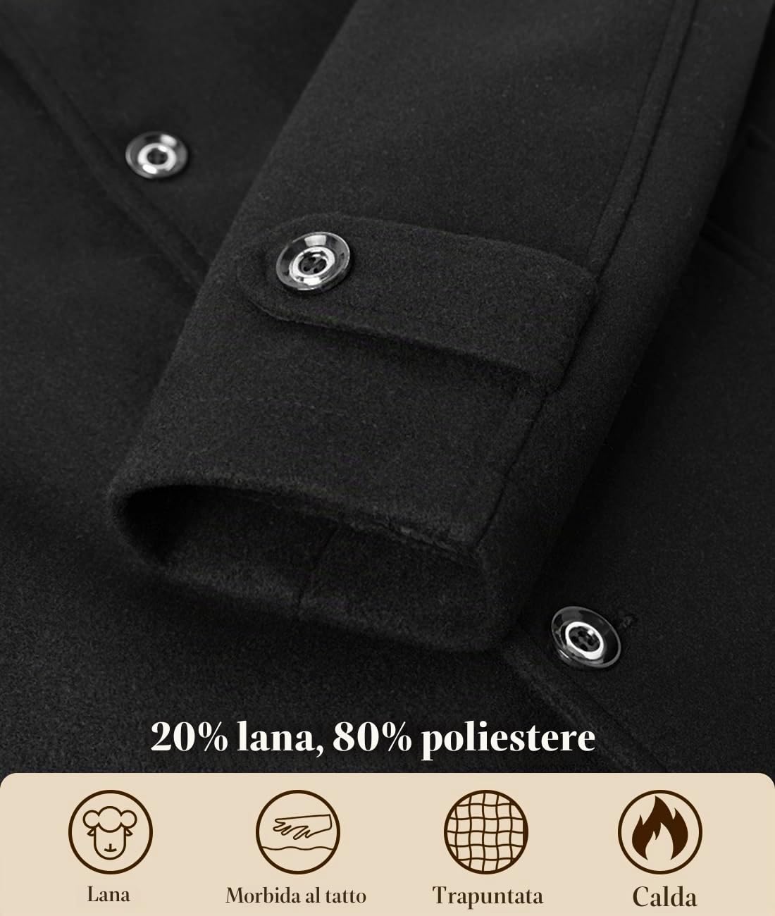 Cappotto da Uomo Giacche di Lana Elegante Trincea Cappotto Invernale Lavoro Corto Business Trench Coat Imbottito e Foderato Calda Giacca