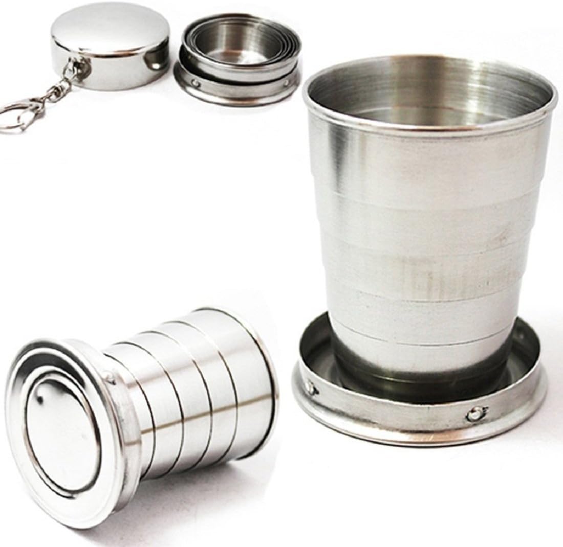SILENCIO Folding Stainless Steel Water Glass for Picnic Outdoor/Indoor, Water Tumbler Cup with Keychain for Lassi Lemonade Juice Milk Cold Drinks Beverage Drinking Tumbler (75ml)