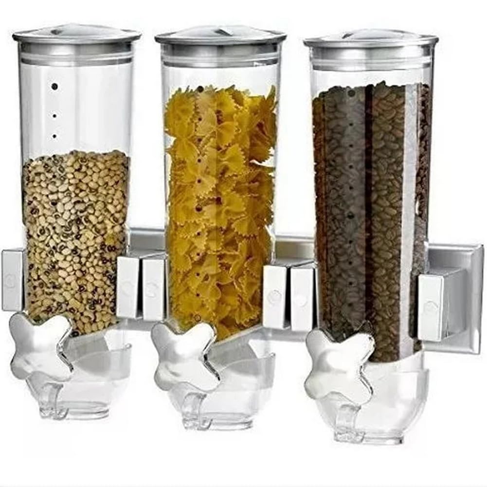 BAKAJI Dispensador de cereales triple de pared, dispensador de tres montaje en pared, dispensador para alimentos secos, caramelos, copos de maíz, nueces, tapa extraíble con cierre hermético (plateado)