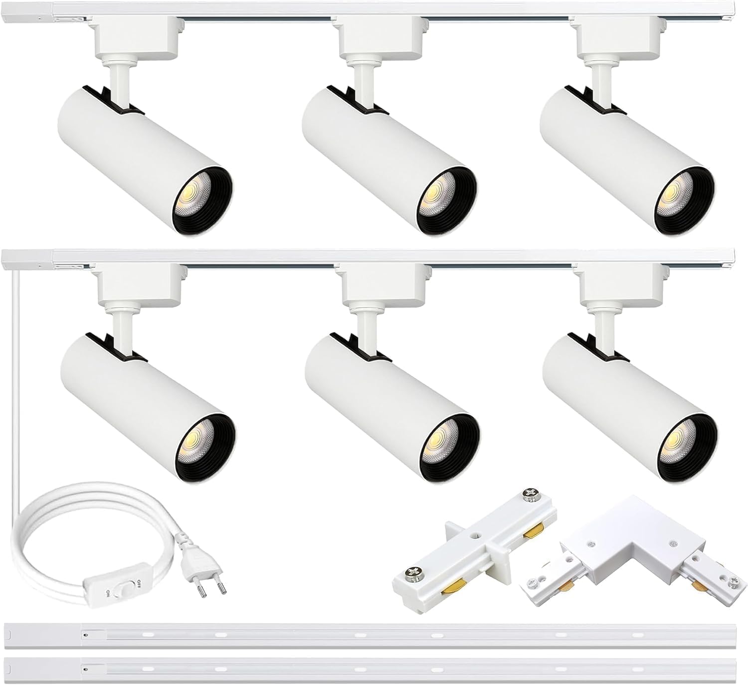 Kit d’éclairage sur rail, 6 spots extensibles 2x1m, rails type H, 20W 4000K blanc naturel, projecteurs plafond