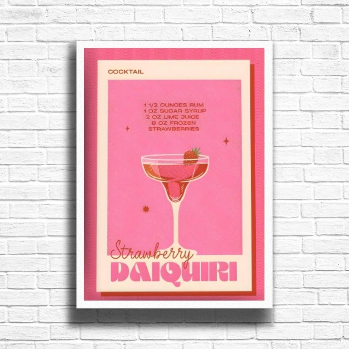 Strawberry Daiquiri - Vintage Cocktail Print, Home Bar Art Display - Retro Bar Decor for Home, Kitchen, Lounge - Ideal Poster Cocktail Lovers, A4 A3 Home Decoration Wall Art Deco (A3 Framed (White))