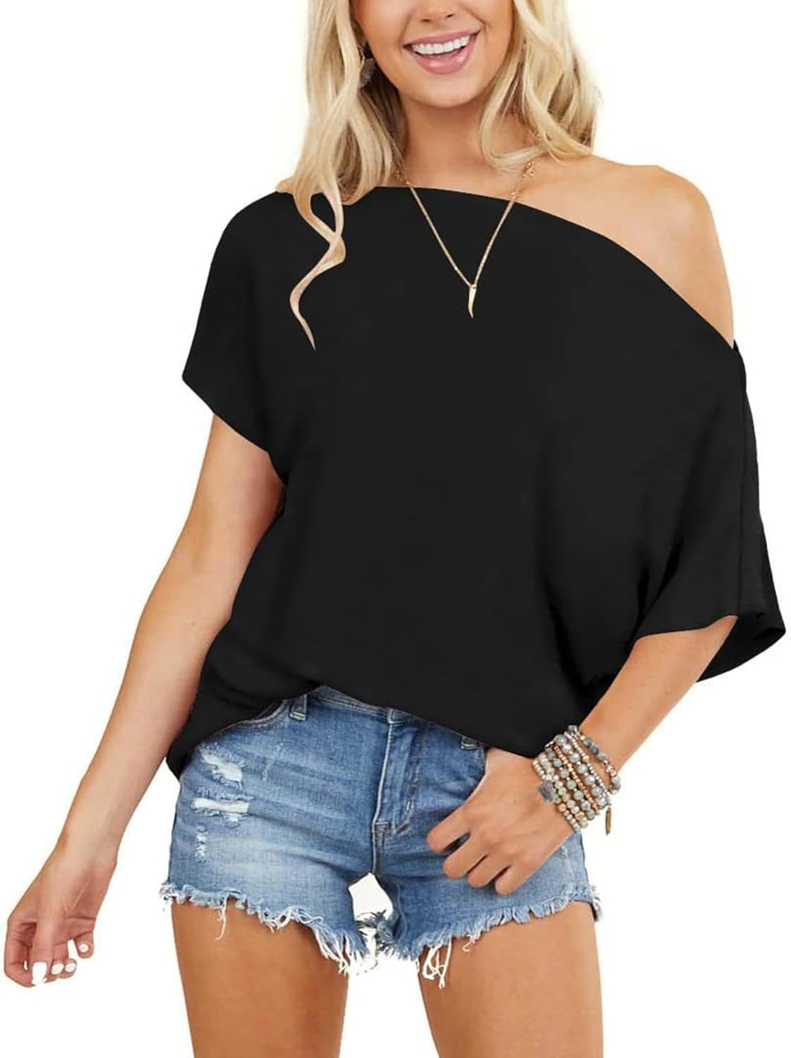 Off the Shoulder Tops for Women Short Sleeve Batwing Shirts Oversized Tee Tunic Summer Casual Loose Fit