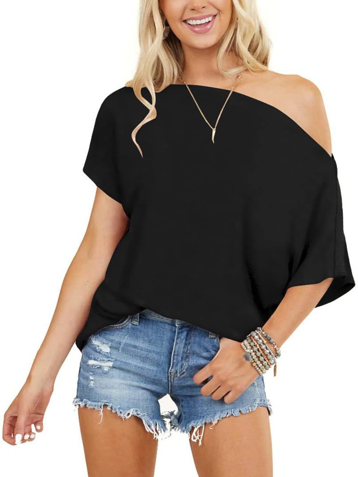 Mcnlyce Longshirt Damen Schulterfreies Oberteil Sommer T Shirts Elegant Oversized mit Fledermausärme