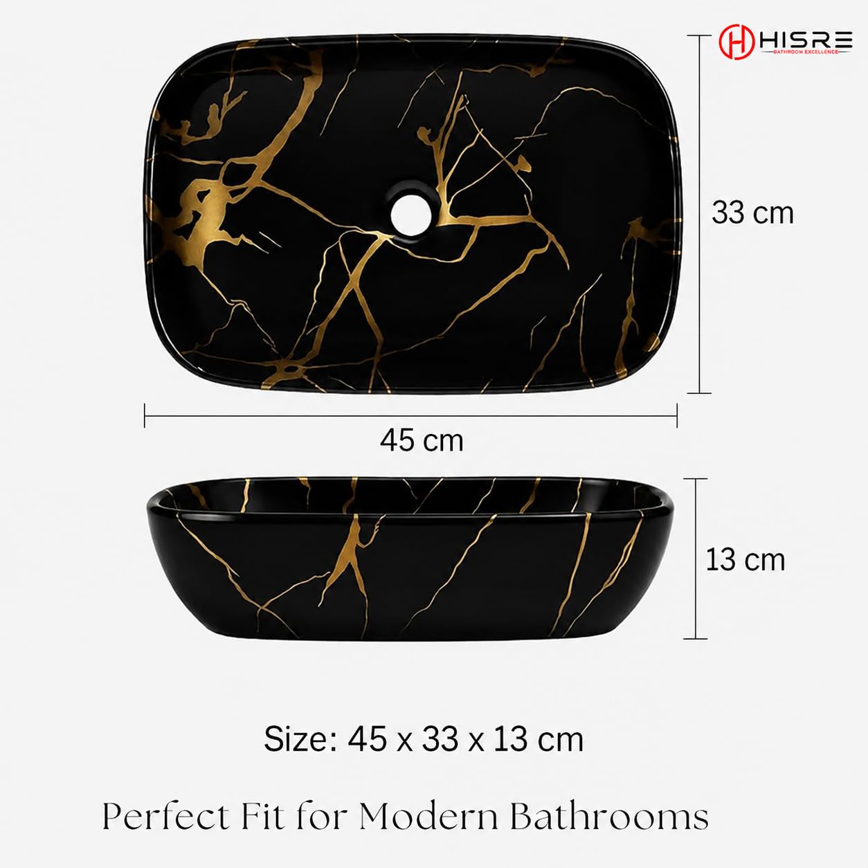HISRE Table Top Counter Basin | Wash Basin Countertop | Tabletop Ceramic Bathroom Sink | Wash Basin Over Counter | Wash Basin For Bathroom (45 x 33 x 13 CM) (Black- Golden Design), photo 4 of 5