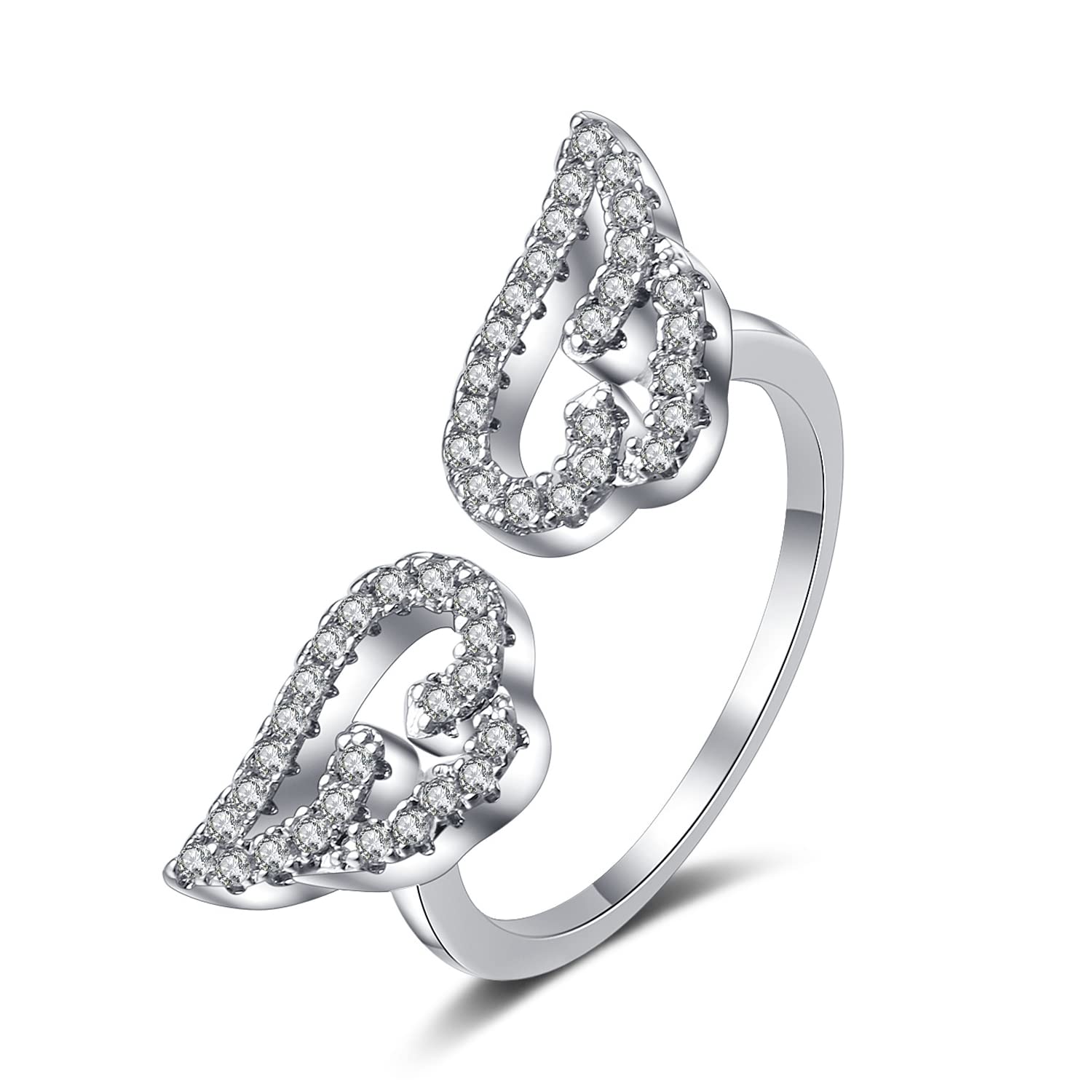 GENPAR925 Sterling Silver Ring for Women, Solid Silver Romantic Angel Wing Opening Ring for Women Jewelry, with 5A Cubic Zirconia，Adjustable Size