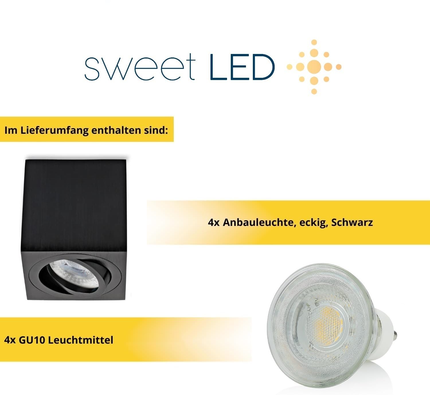 Sweet Led Aufbauspot GU10 eckig 4er Set – Spots Deckenleuchte schwenkbar schwarz gebürstet, Aufbaustrahler inkl. LED 7W 3000K warmweiß, Deckenspots Aufputz aus Aluminium 230V