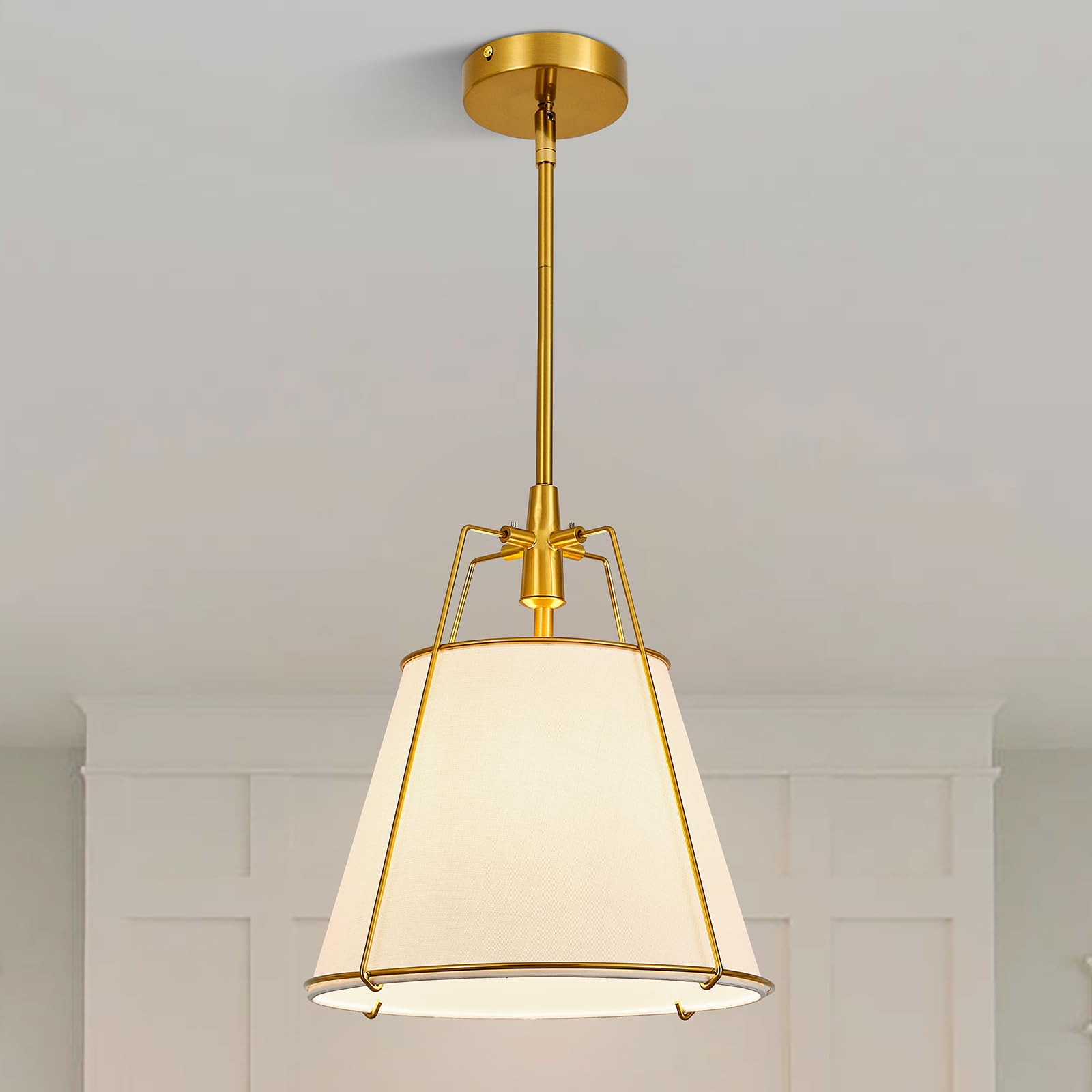 Modern Pendant Light Fixtures with 13" Off-White Linen Fabric Shade, Adjustable Hanging Light Fixture,Drum Gold Vintage Chandelier for Kitchen Island Bedroom Dining Room Foyer Entryway