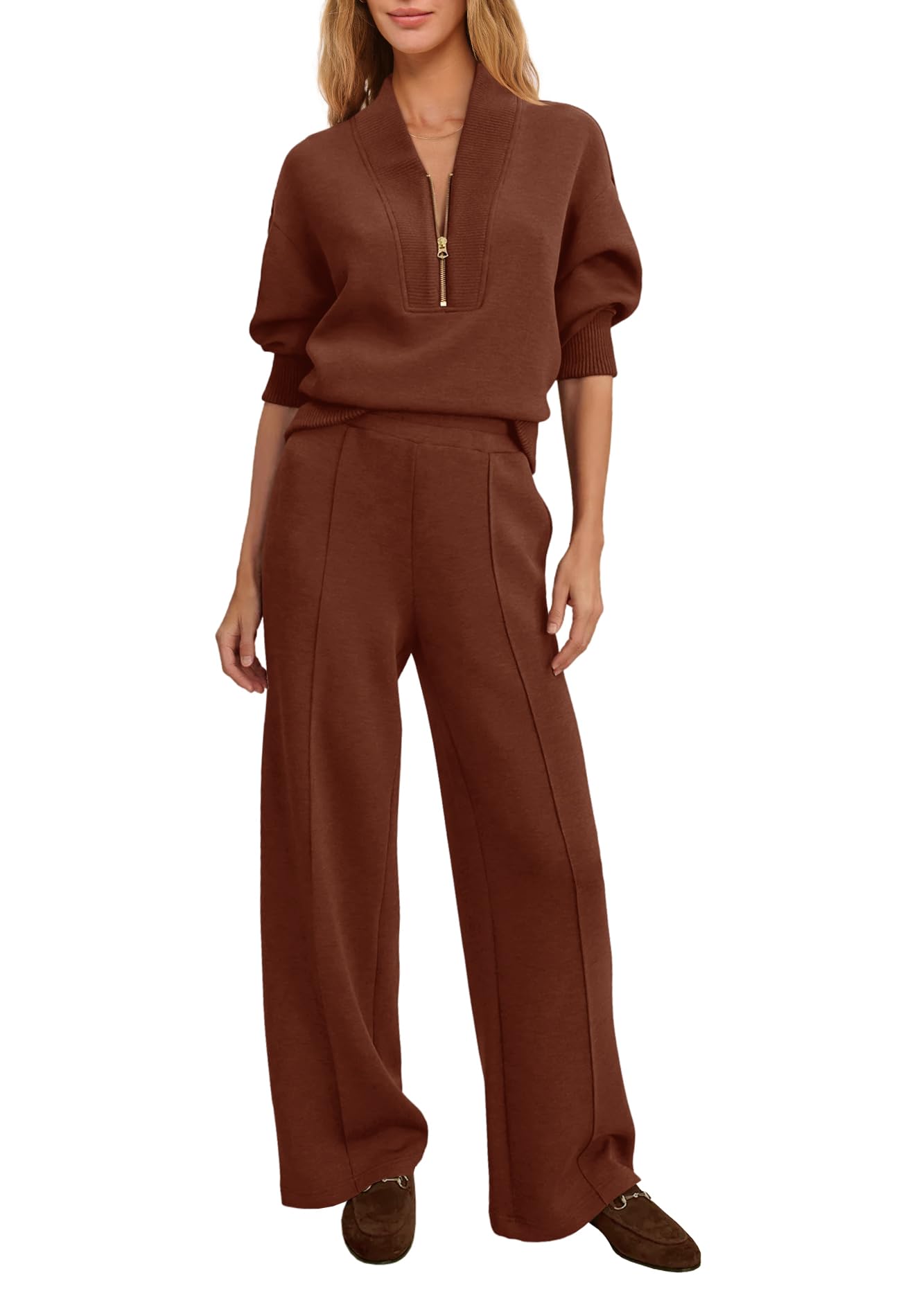 Womens Sweatsuits 2 Piece Set Lounge Sweat Sets Fall Airport Travel Outfit Half Zip Pullover and Wide Leg Pants-image-49