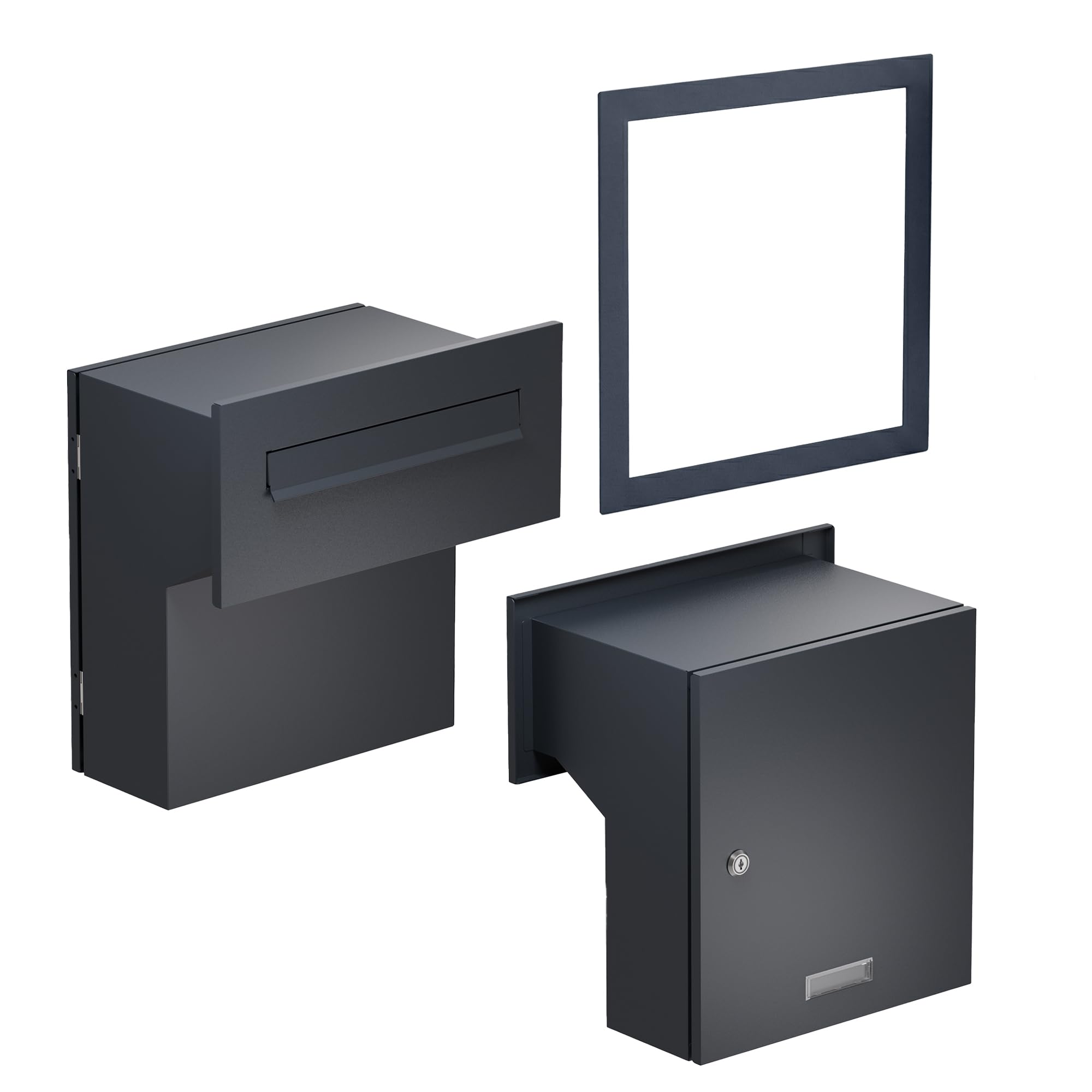 Sillar Buzón Empotrado en Pared Antracita con Placa para el Nombre | Caixa de Correo Exterior de Acero Galvanizado con Marco de Cobertura | Tapa Doble | 33 x 35 x 19-26 cm | Cerradura y 4 Llaves