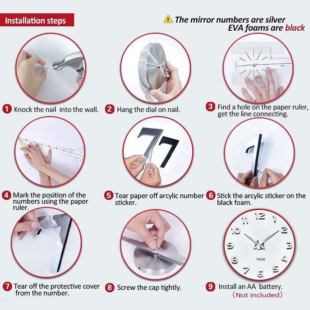 Frameless Mirror Wall Clock, 3D DIY Large Roman Numerals Stickers Self-Adhesive Silent Wall Stickers Decorations for Living Room (Color : Silver, Size : D28-35in)