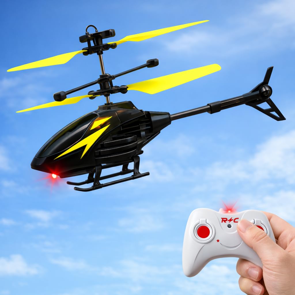 QUEENZOMY® Flying Helicopter with Hand Induction and Remote Control | Electronic Radio RC Remote Control Toy | Charging Helicopter with Safety Sensor for Kids I Black Color Blue Wings I Pack of 1