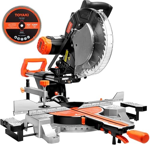 Miniatura 9 de Sierra ingletadora de doble bisel compuesto deslizante de 12 pulgadas con guía láser, luz LED, mesa de extensión, 15 amperios, capacidad de corte de