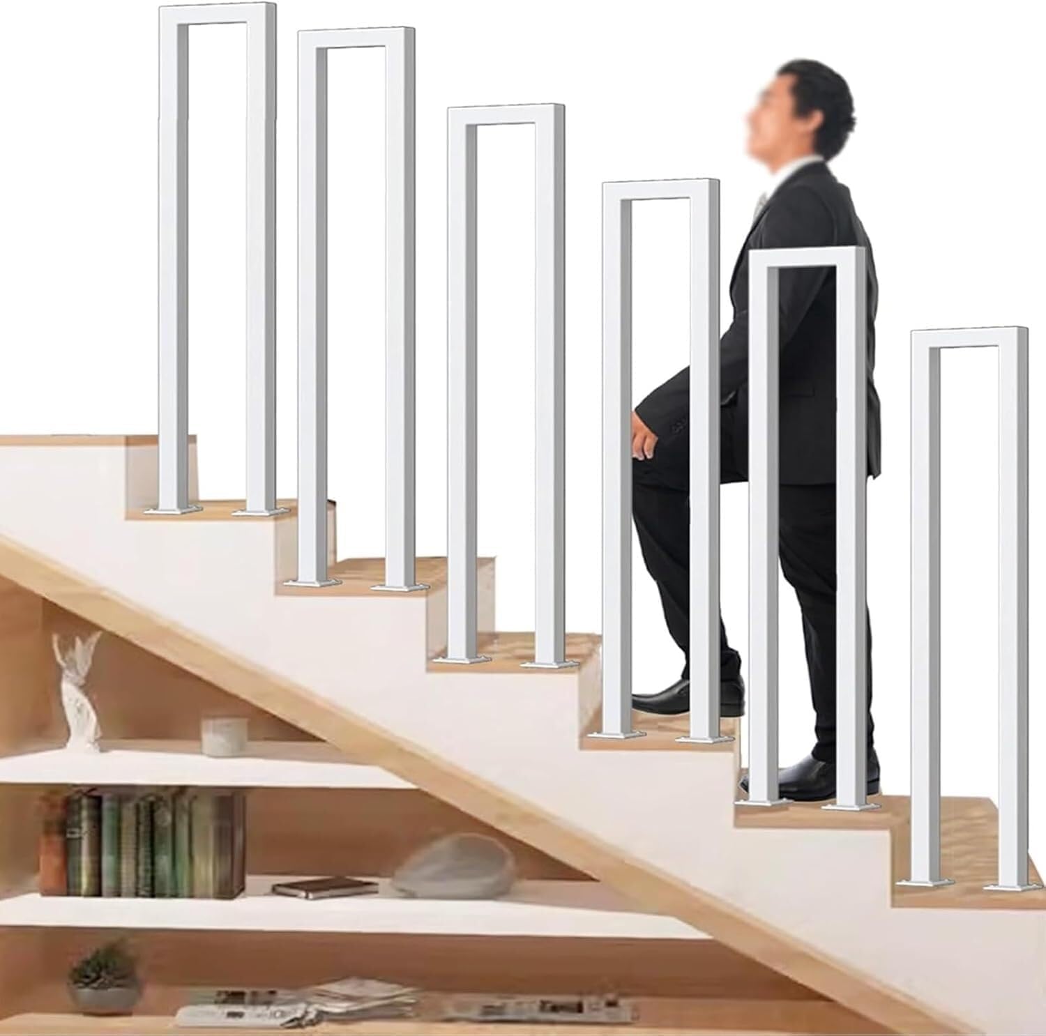 White U-Shaped Stair Railing, Hand Rails for Outdoor Steps, 1.1-3.3FT Staircase Guardrail, Non-Slip Wrought Iron Step Railing, for Loft Villas Corridor Porch Steps(55CM/1.8FT)