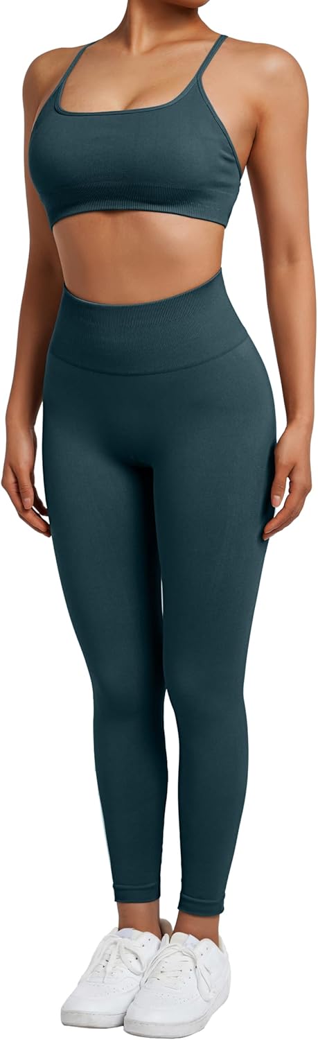 SUUKSESS Women Seamless Workout Sets Strappy Sports Bra High Waist Booty Leggings Outfits - Image 5