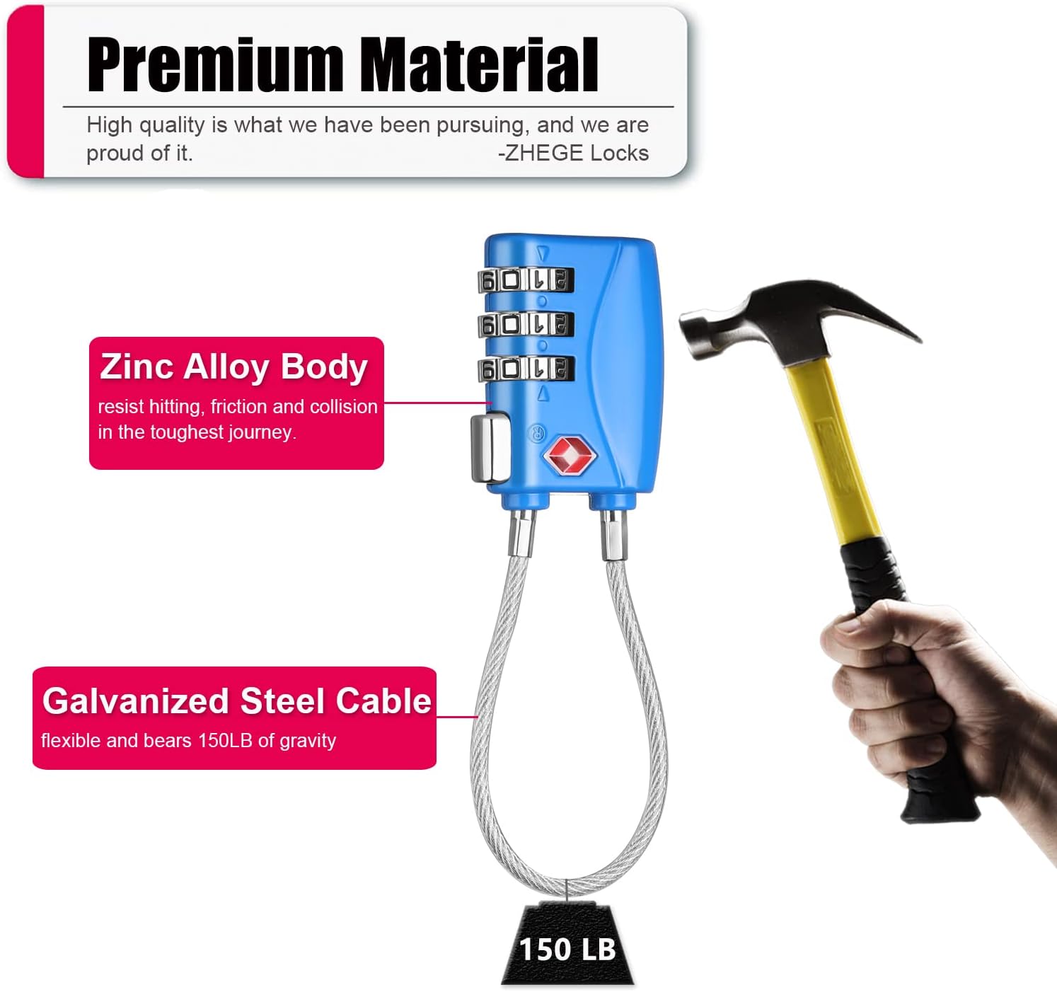 ZHEGE TSA Approved Luggage Lock, 3 Digit Combination Cable Padlock for School Gym Locker, Luggage, Suitcase, Baggage