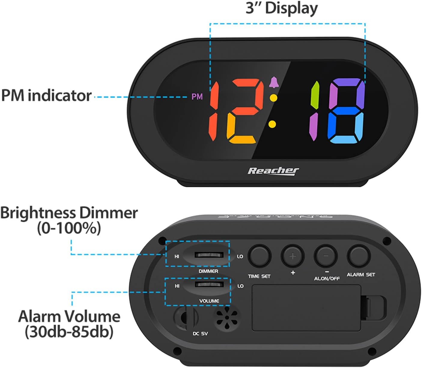 Close-up of the dimmer slider on the back of the alarm clock, showing 'HI' and 'LO' settings.