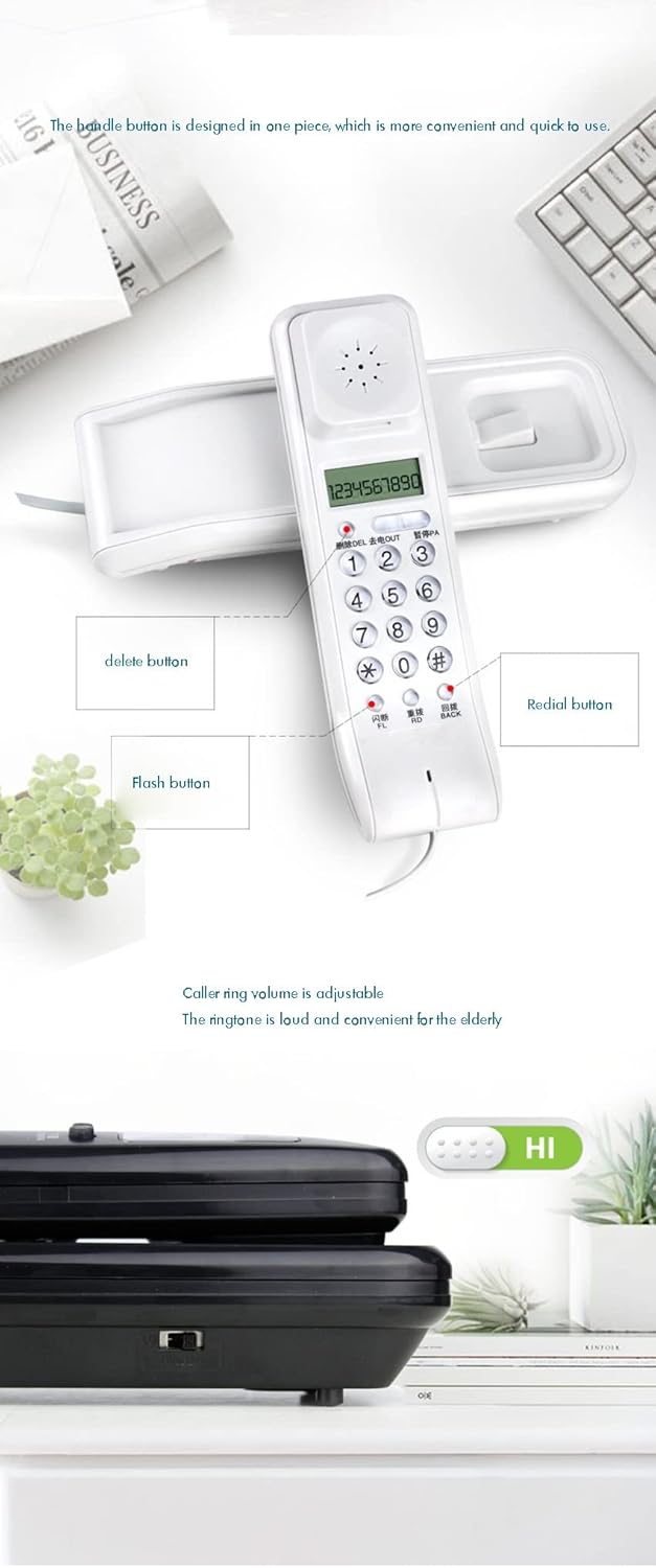 Home Desktop Wall-Mounted Wired Telephone with Dual LCD Display, Caller ID, Dual System, Adjustable Ringtone Volume (Color : White) (Black)