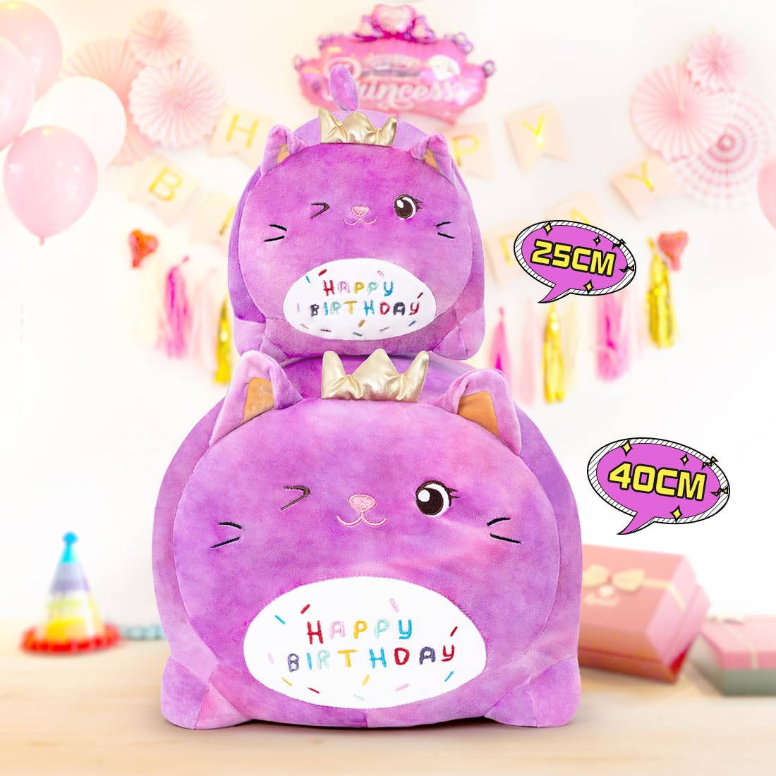 Peluche Gatto Compleanno - Giocattolo Morbido con Scritta 'HAPPY BIRTHDAY', Regalo Personalizzabile per Bambini Adulti (25CM,Viola)