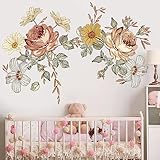 Fanwaoo Large Retro Flower Wall Decals Vintage Floral Wall Stickers Peony Flower Wall Art Decor for Living Room Bedroom Sofa TV Wall
