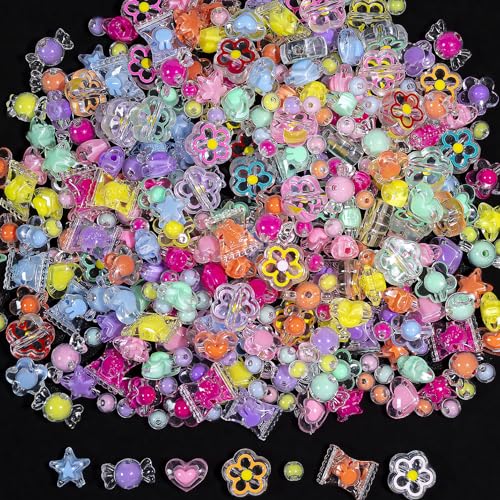 nikkiGuo 320 piece Acrylic Bead Jewelry Making kit - Transparent Candy Colored Beads Mixed Shape Heart-Shaped Star Flowers 8mm/10mm/20mm Keychain Phone Chain DIY Craft Jewelry