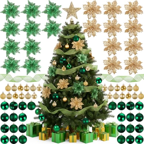 Skylety 104 Pcs Christmas Tree Decorations Set, Green & Gold Christmas Hanging Ornament Ball Tree Star Topper Artificial Poinsettia Flower Ribbon Matching Gift Box for Xmas Party Decor