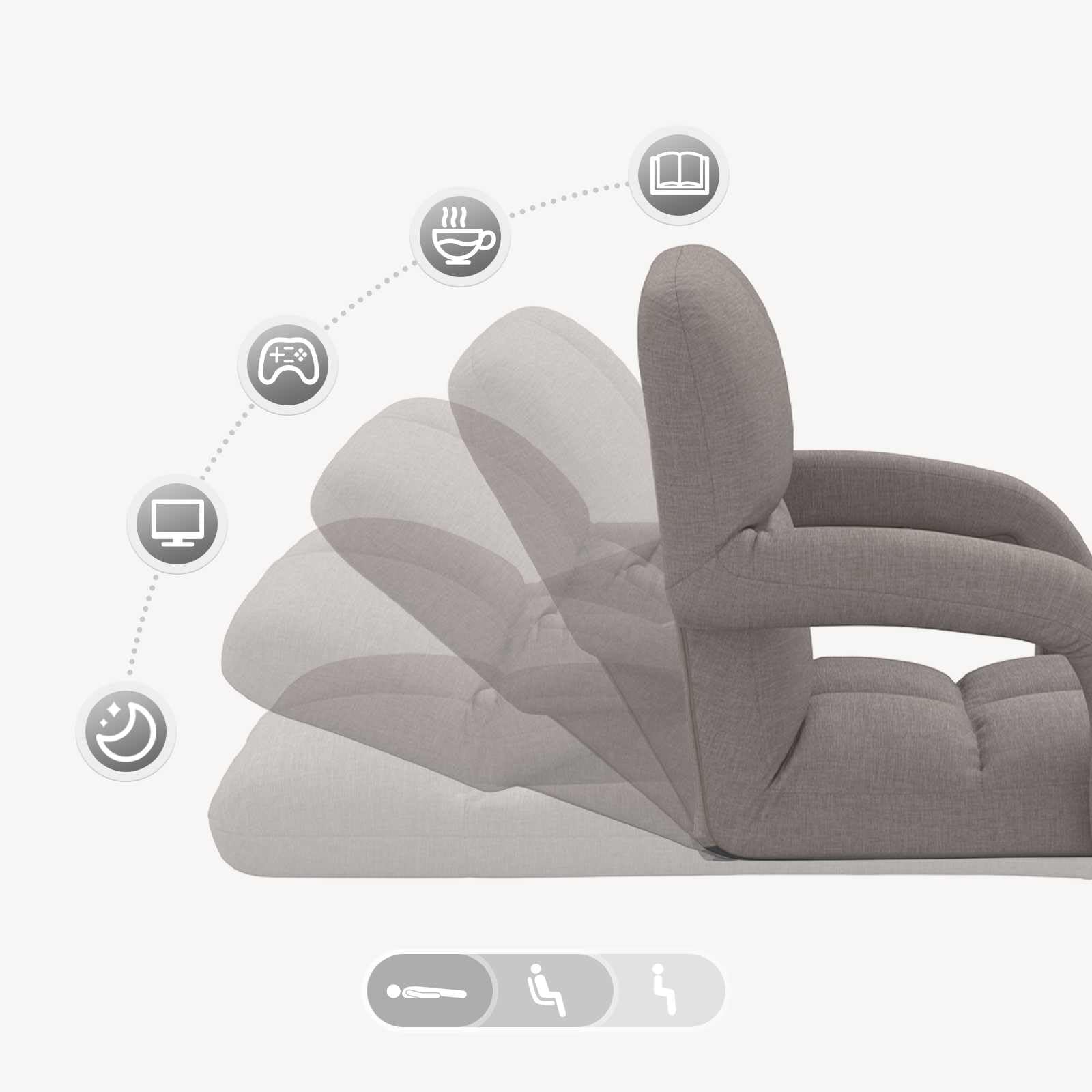 Regulowane krzesło podłogowe z podłokietnikami, 5-stopniowe oparcie, materiał do salonu, czytania, jogi, gier, relaksu, ergonomiczne, nadające się do prania, składane, wielofunkcyjne