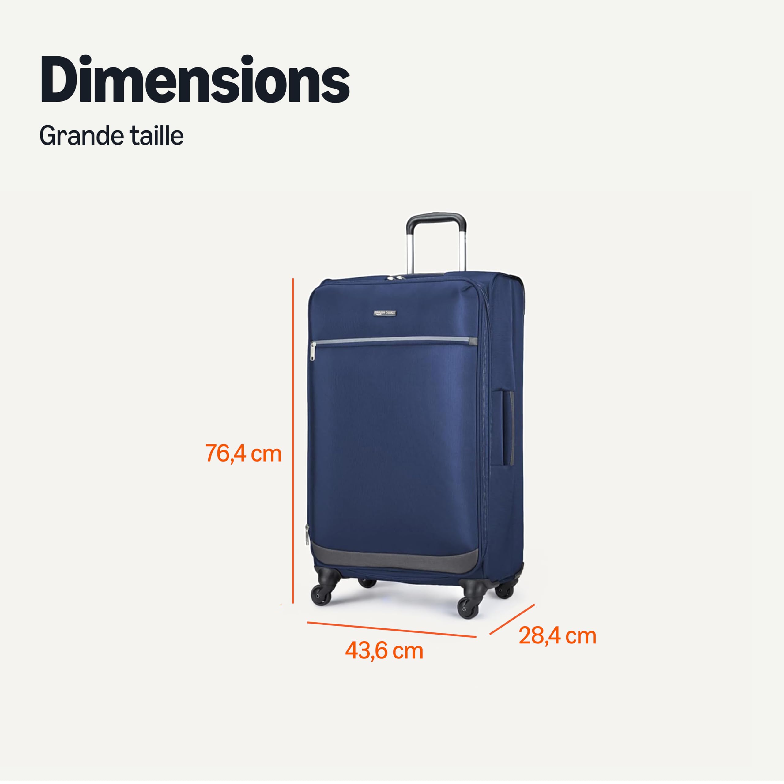 Amazon Basics Grande Valise Souple (76 cm), Avec 4 Roues Pivotantes Multidirectionnelles 360°, Extensible, Poche Zippée et Sangles, Poignée Télescopique, Bleu Marine