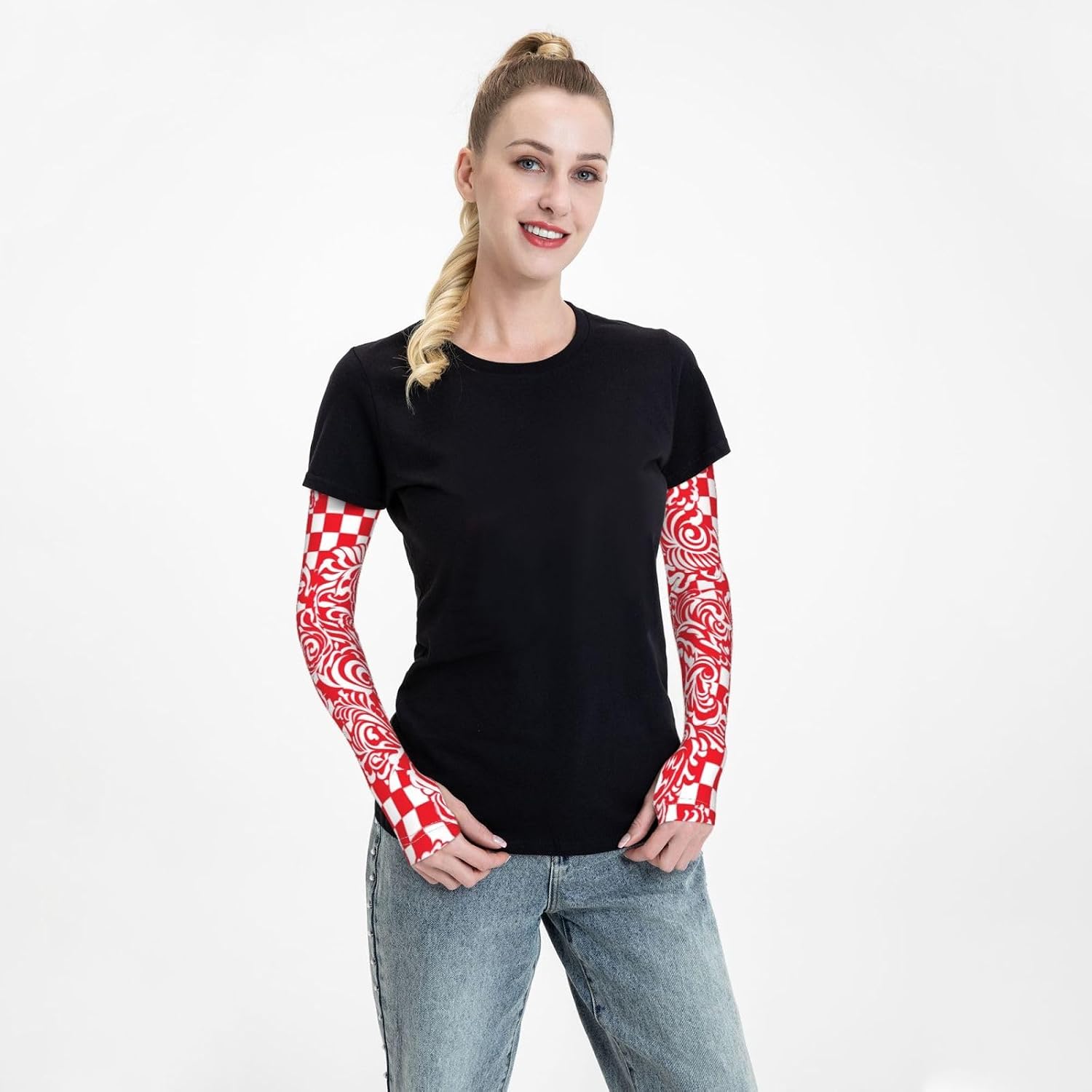 red white Arm Sleeve for Men Women UV Protection Cooling Sun Sleeves Compression Tattoo Sleeve Cover
